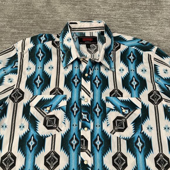 Rock & Roll Cowboy Shirt Mens XL Blue Black White Aztec Pearl Snap Western Retro - Picture 2 of 12